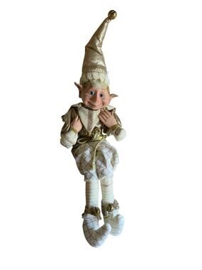 Posable Holiday Christmas Elf With Bells Gold White 22" Shelf Sitter Resin Face